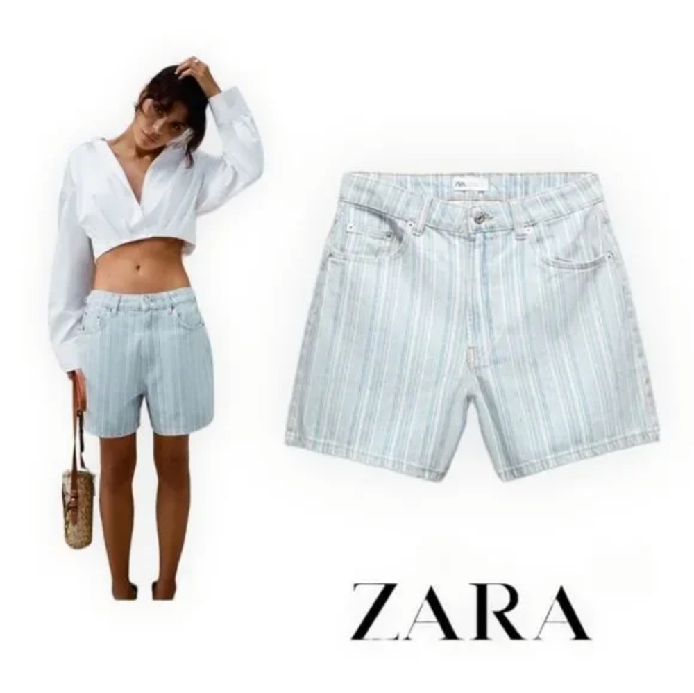 NWT WOMEN'S ZARA PINSTRIPE LIGHT BLUE RETRO DENIM JEAN SHORTS SZ 6 $40